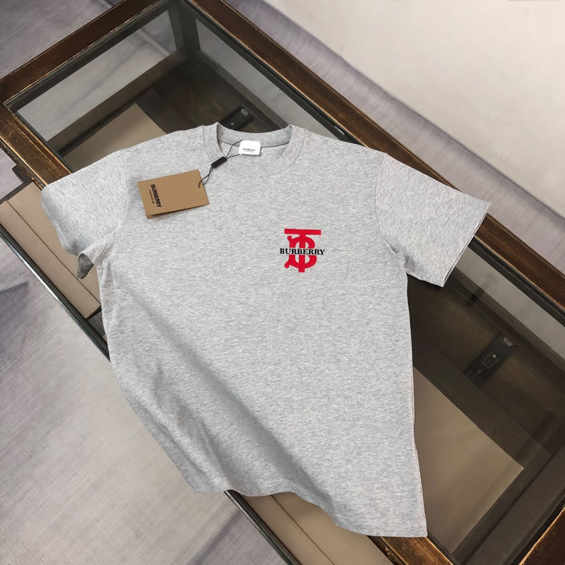 Flock Print Logo Fake Burberry Men Grey T-shirt