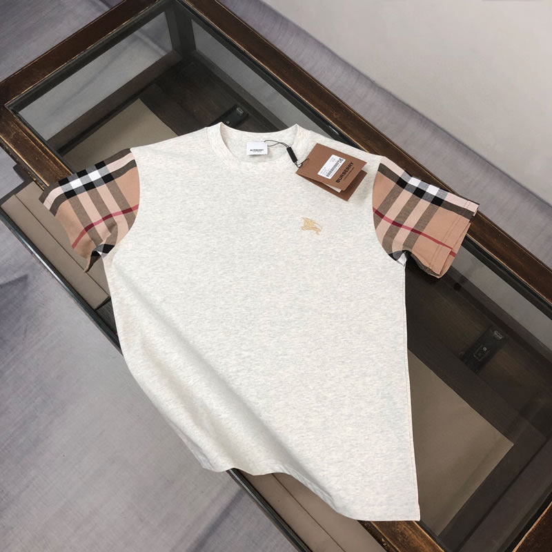 Sleeve Plaid fabric Splicing Burberry Fake t-shirt Grey