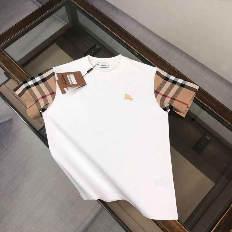 Sleeve Plaid fabric Splicing Burberry fake t-shirt White